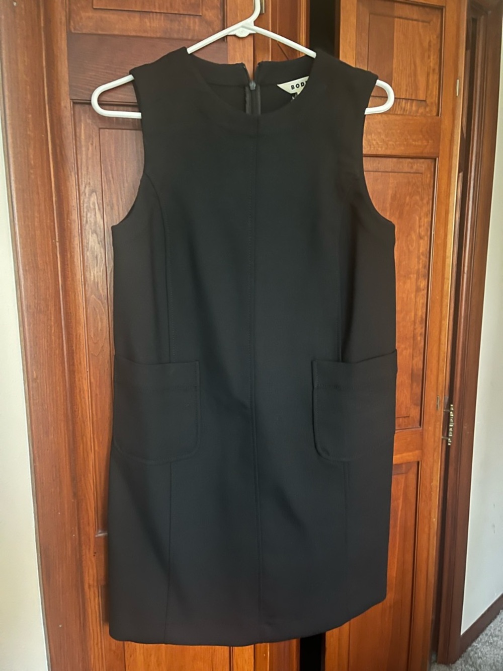 Boden Black Sleeveless Shift Dress with Front Patch Pockets